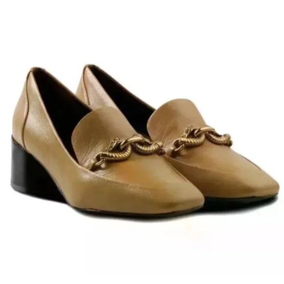 TORY BURCH WOMENS JESSA 55MM PUMP LOAFER HEEL CALF LEATHER 9 DEEP VICUNA CAMEL - Picture 1 of 8